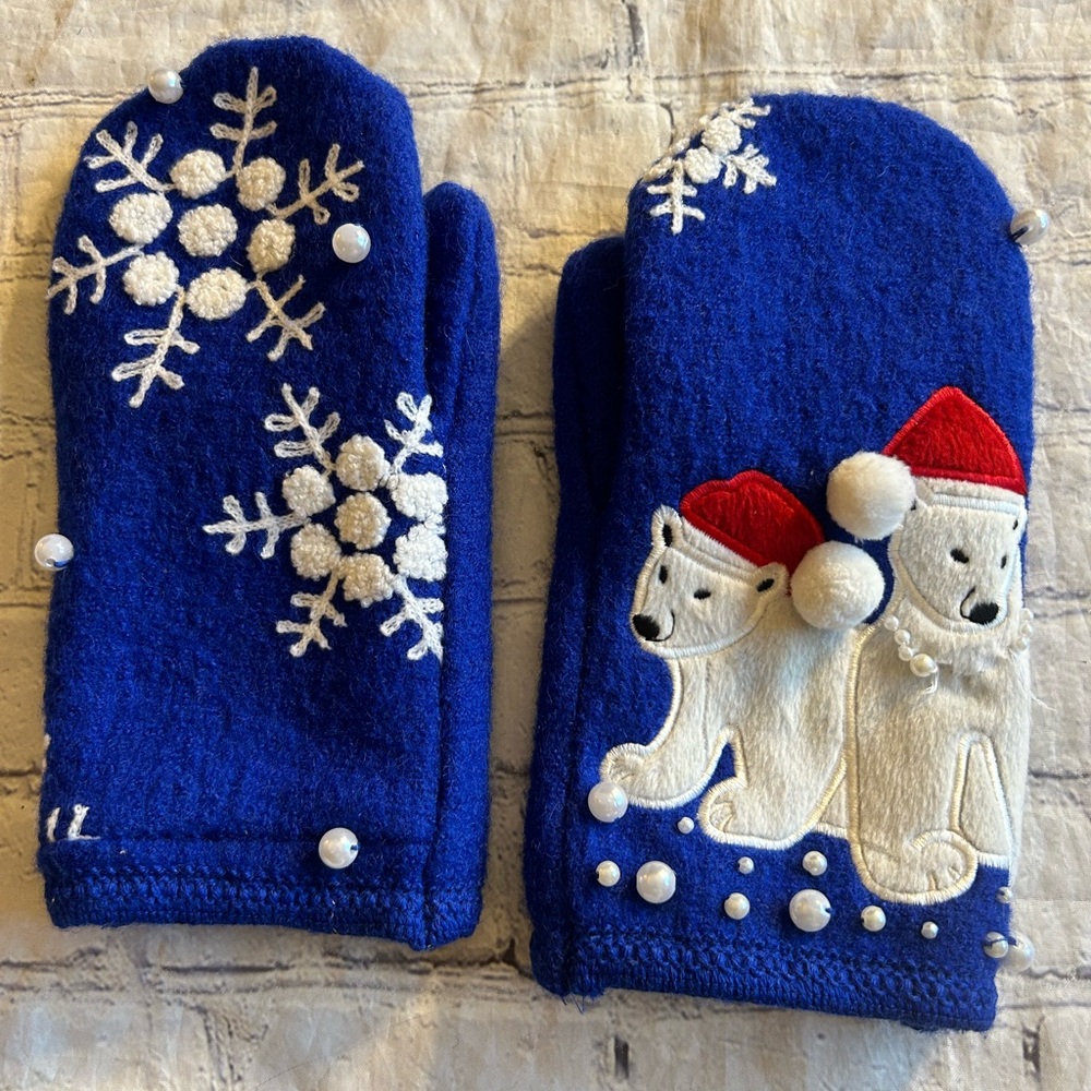 HOMEMADE BLUE WOOL EMBROIDERED SNOWFLAKES AND DOGGIES PEARLS ADDED MITTENS